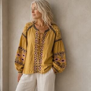 Anthropology Embroidered Peasant Top Balloon Sleeve Folk Boho Tie Front Jacket L